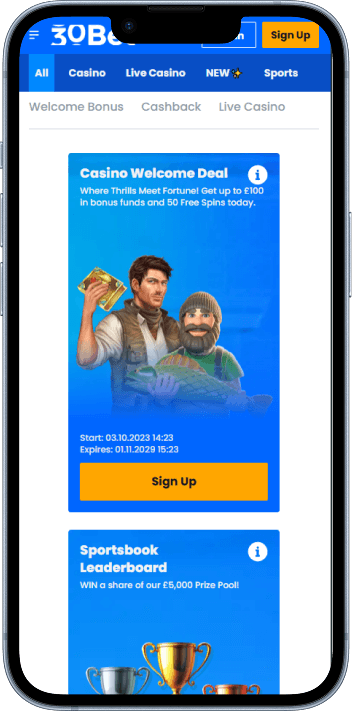 30Bet Casino welcome bonus and promotions page