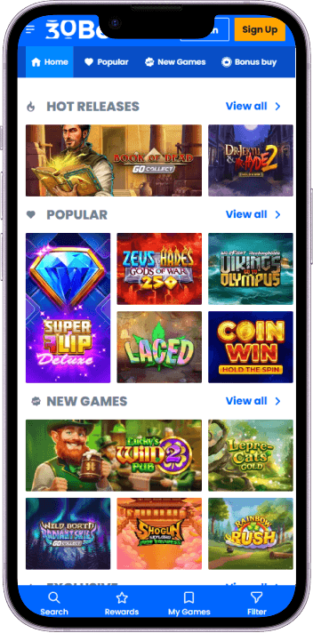 30Bet Casino game selection and lobby overview