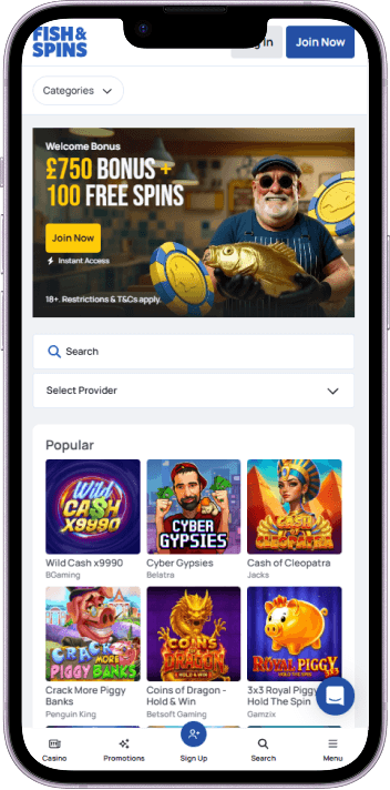 Fish & Spins Casino game selection and lobby overview