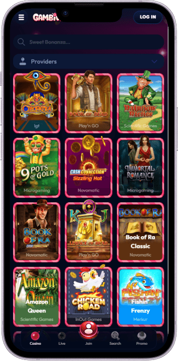 Gambiva Casino game selection and lobby overview