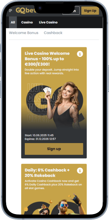 GQbet Casino welcome bonus and promotions page