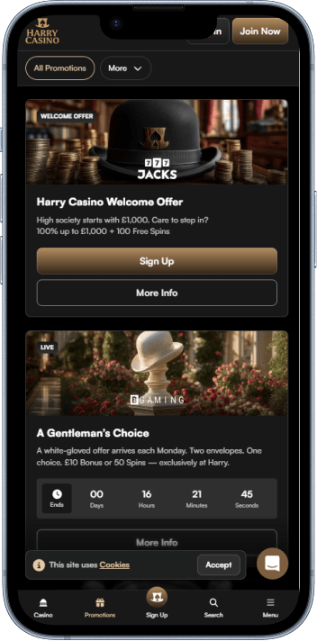 Harry Casino welcome bonus and promotions page