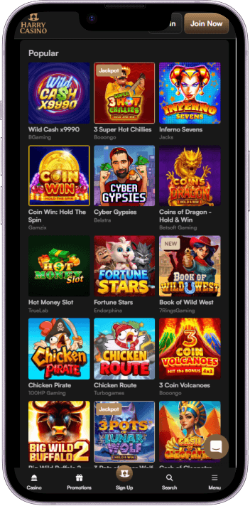 Harry Casino game selection and lobby overview