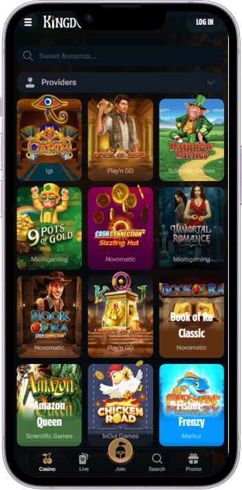 Kingdom Casino game selection and lobby overview