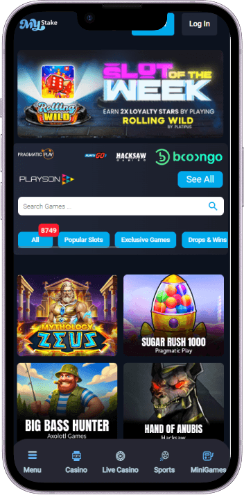 MyStake Casino game selection and lobby overview