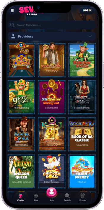 Seven Casino game selection and lobby overview