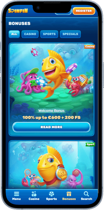 SpinFin Casino welcome bonus and promotions page