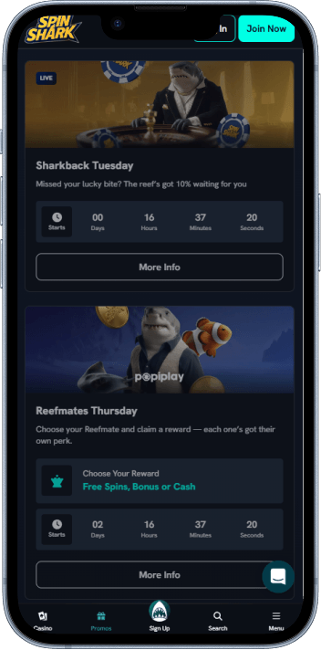 SpinShark Casino welcome bonus and promotions page