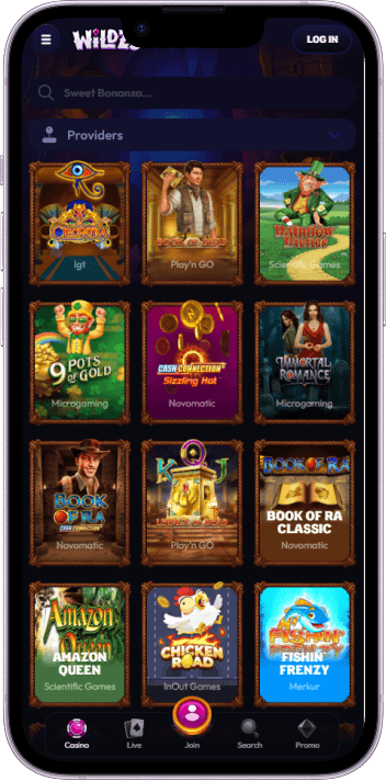 Wildzy Casino game selection and lobby overview